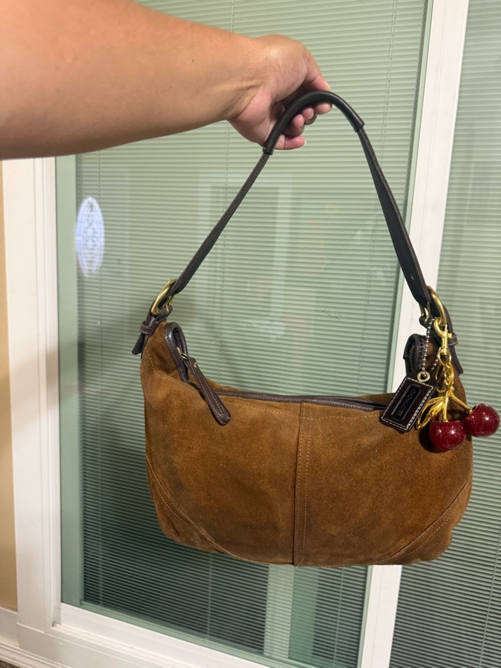 Coach Suede Shoulder Bag in Brown with Cherry Charm Not included